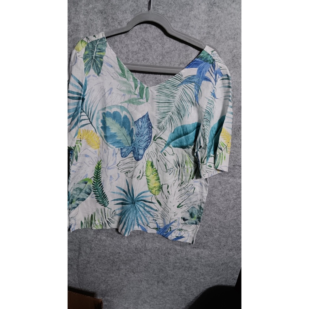 A La Carte M 40" Top Floral 100% Linen Short Sleeve Tunic Resort Beach Cool EUC